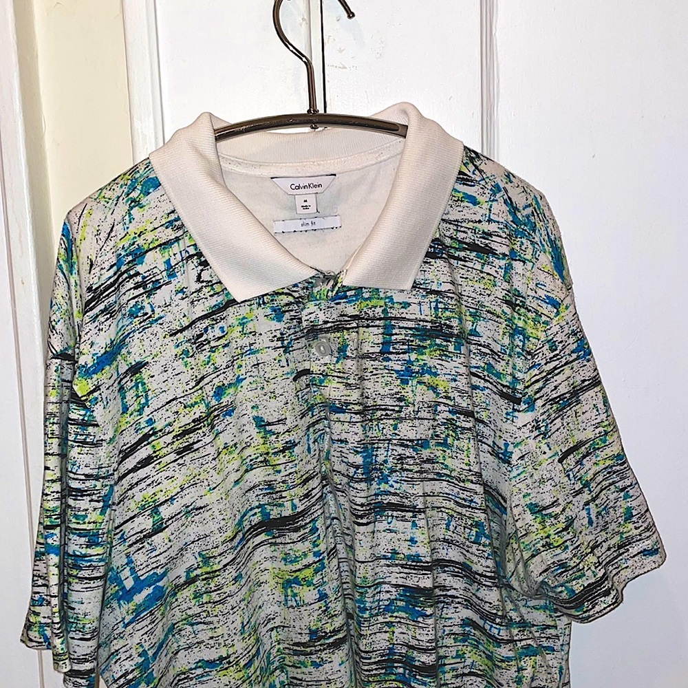 Calvin Klein Polo . Mens Medium. Slim Fit. White / Multi